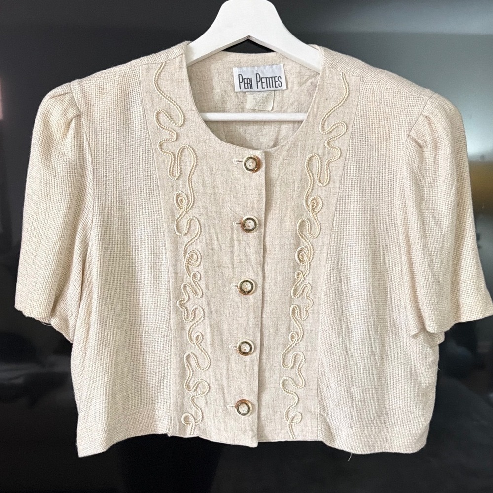 Peri Petites Vintage Beige Linen Blend Embroidered Cropped Jacket Womens 12P